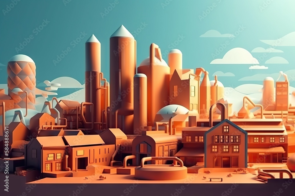 Poster a city with a lot of buildings and a sky background with clouds factory animation motion graphics ge