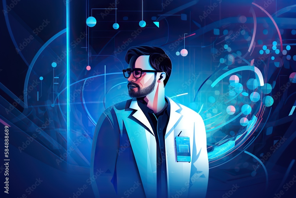 Poster a man in a lab coat and glasses standing in front of a blue background factory graphic design data a