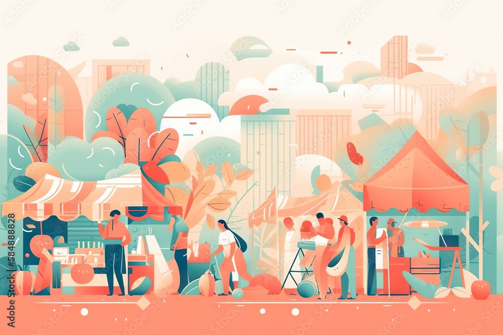 Poster a group of people sta nding around a park with trees and buildings farm stand animation motion graph