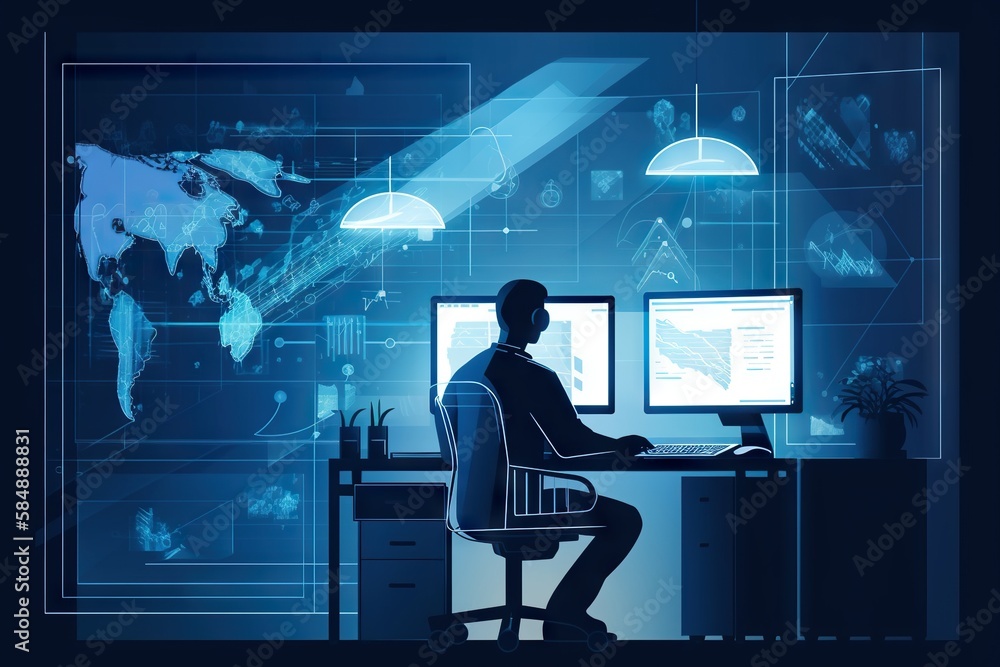 Aufkleber a man sitting at a desk with a computer and a monitor workshop graphic design data analytics generat