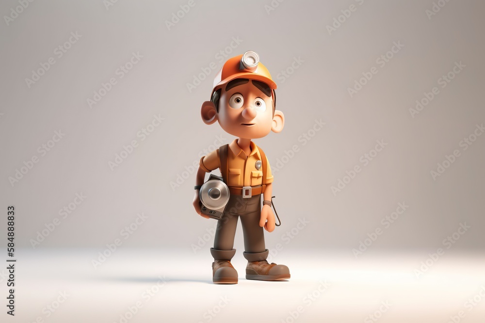 Poster a cartoon character holding a camera and a tool in his hand construction site animation mining gener
