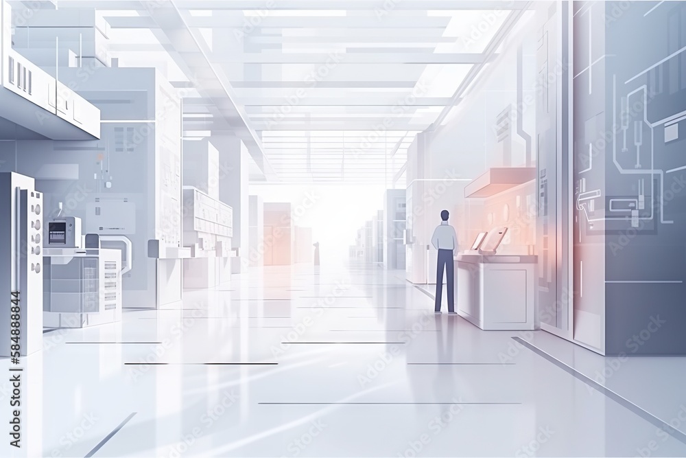 Poster a man standing in a hallway of a building with a computer factory animation manufacturing planning a