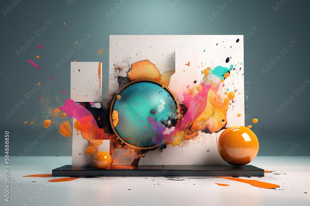 Aufkleber a colorful abstract painting with a clock and balls on a table graffiti wall kinetic art motion grap