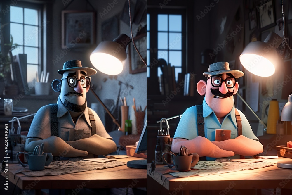 Poster two animated characters sitting at a table in a room with lamps workshop animation animation filmmak