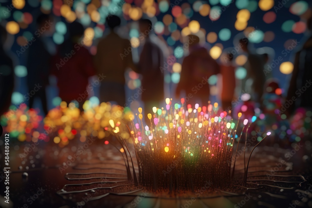 Poster a group of people standing around a table with a bunch of fireworks amusement park photorealism moti
