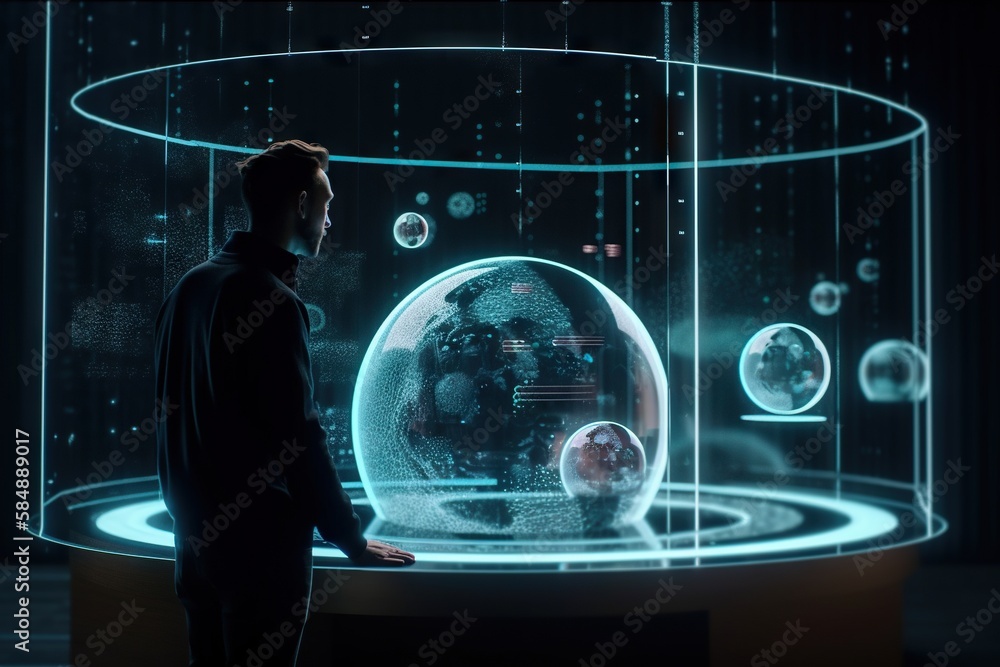Poster a man standing in front of a glass ball with a futuristic design aquarium animation motion graphics 