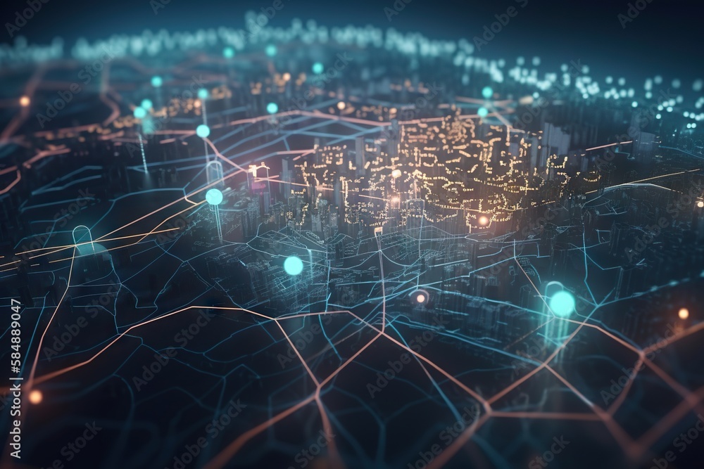 Poster a city with many connected lines and dots in the middle of it modern city skyline at night animation