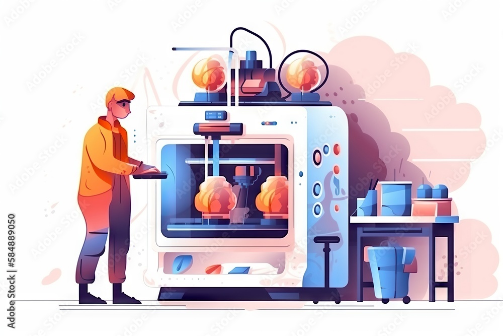 Poster a man is working on a 3d printer with a machine in front of him factory paper cutting manufacturing 