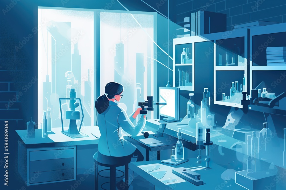 Poster a woman in a lab looking at a microscope and a microscope factory animation science writing