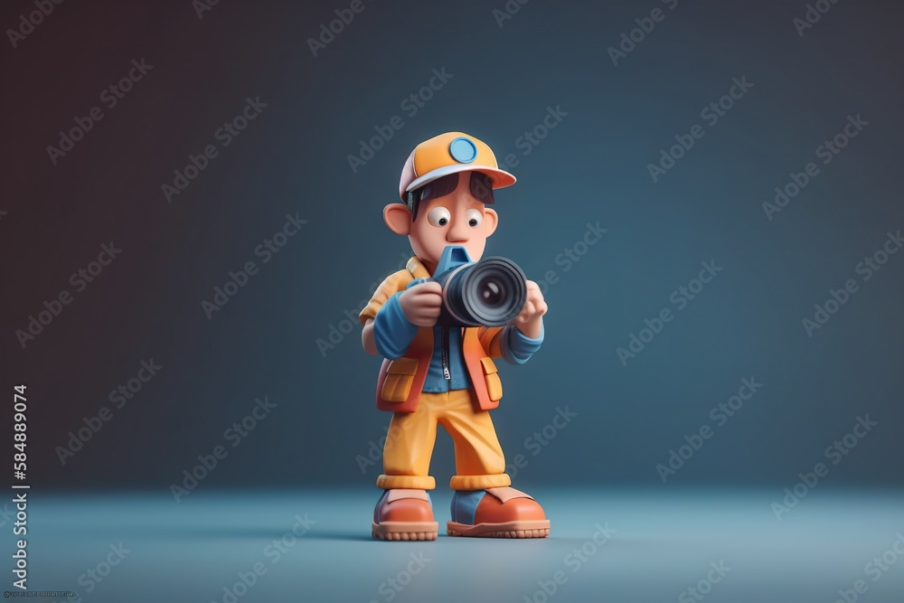 Poster a cartoon character holding a camera and taking a picture of himself construction site animation mot