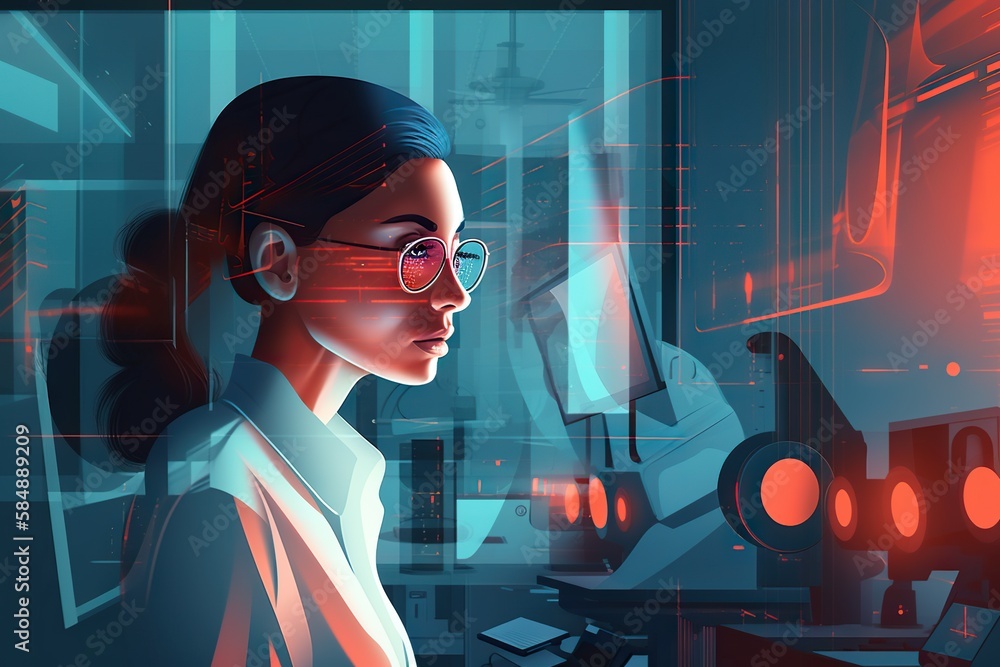 Poster a woman in a lab looking at a computer screen with red light coming from her factory animation data 