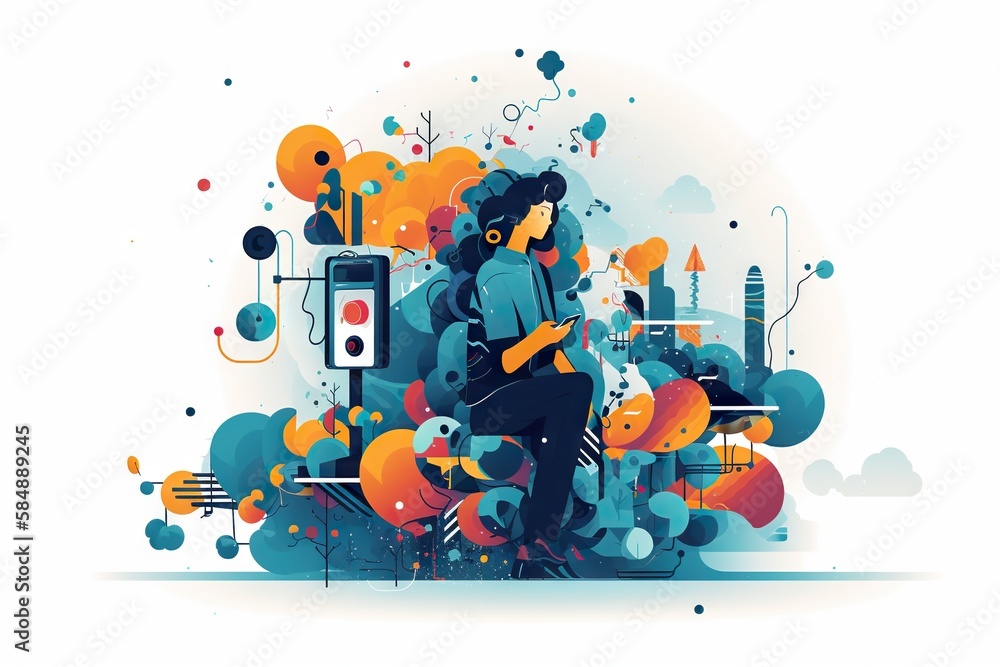 Poster A Person Is Playing A Guitar In A Colorful Background With Circles Gas Station Graphic Design Print Design Generative AI 
