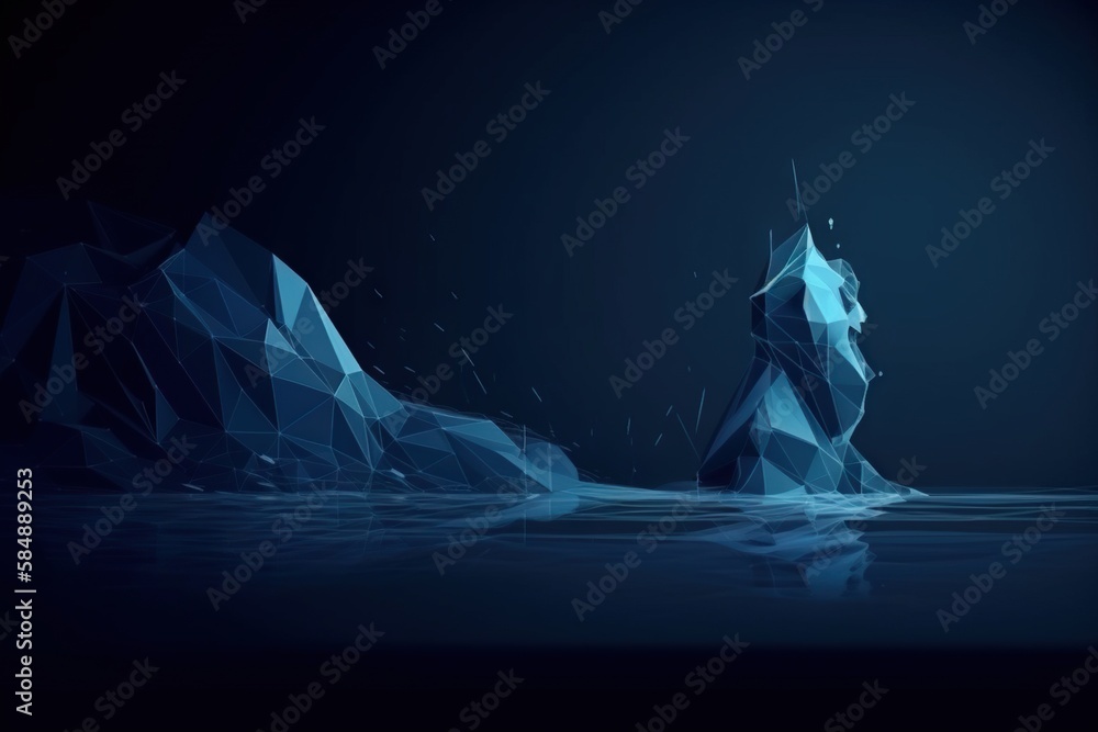 Poster a blue abstract background with a rock in the water and a dark sky iceberg animation motion graphics