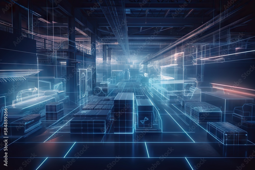 Aufkleber a futuristic room with a lot of boxes in it and a lot of lights warehouse animation supply chain opt
