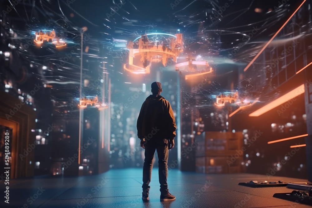 Poster a man standing in a dark room with a city in the background factory animation motion graphics