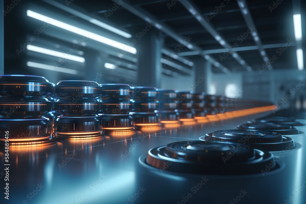 Poster a row of shiny jars sitting on top of a counter top factory animation motion graphics generative ai