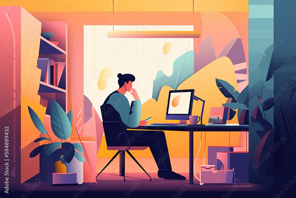 Poster a man sitting at a desk in front of a computer monitor conference room graphic design motion graphic
