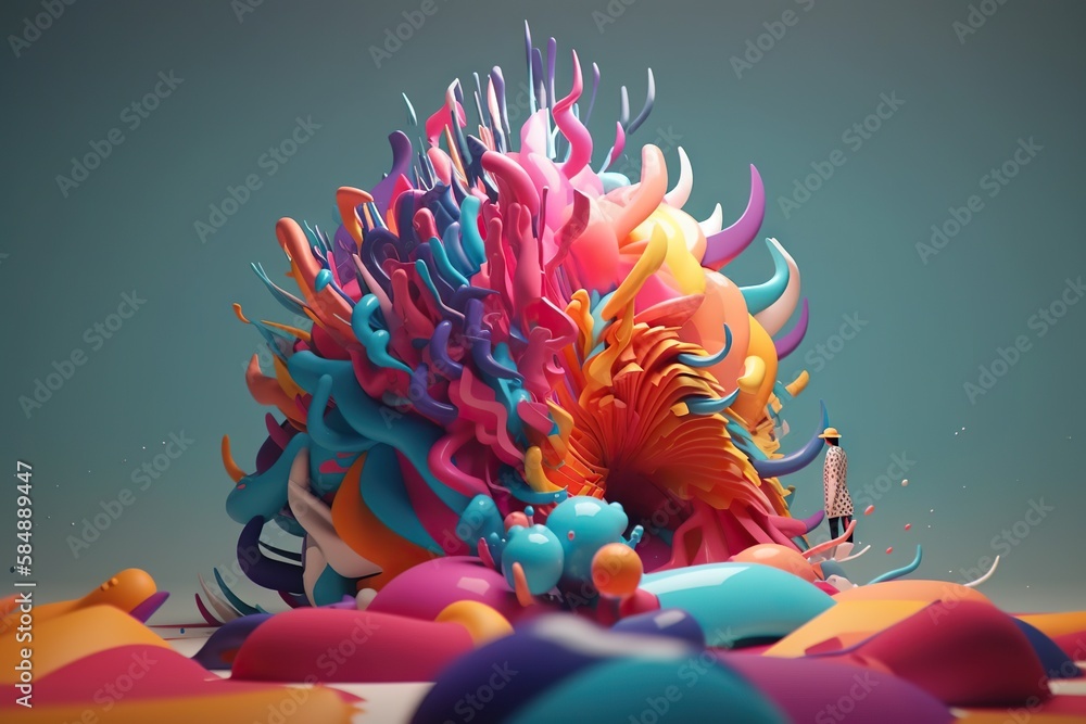 Poster a colorful object with a person standing in the background and a blue sky coral reef kinetic art mot