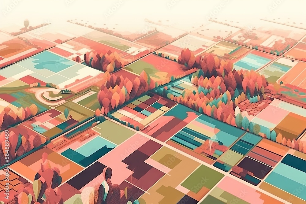 Poster a colorful aerial view of a city with trees and fields in the foreground farm color field painting l
