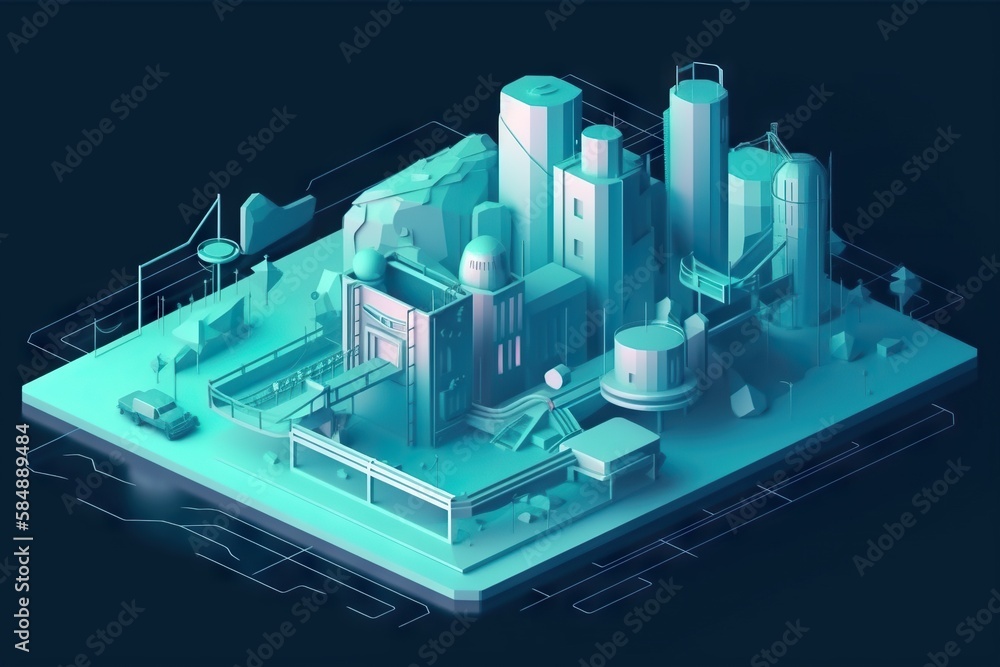 Poster a futuristic city with a factory and a factory building on top of it factory animation motion graphi