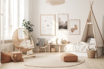 White kid room wall. Scandi boho interior mockup. Picture poster space. Toys, bed, armchair. Kid friendly room. Generative AI