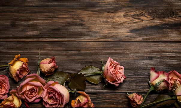 pink and yellow roses on old wood, flat lay with copy space created with Generative AI technology