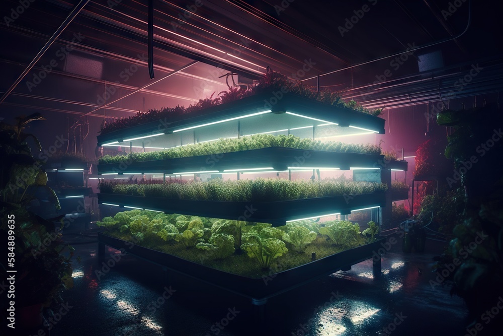 Poster a large display of lettuce in a dark room with lights farm stand environmental art environment gener