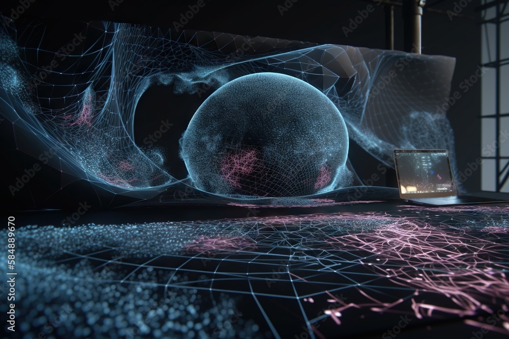 Poster a computer screen with a picture of a ball on it and a laptop deep sea trench kinetic art motion gra