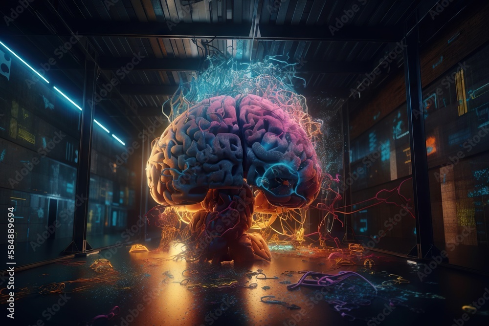 Poster a computer generated image of a human brain in a dark room science museum animation motion graphics