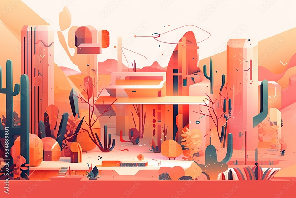 Poster a colorful desert scene with cactus trees and a building in the background desert animation motion g