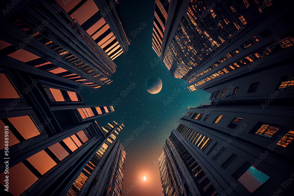 Poster futuristic skyscraper illuminated in blue, reflecting vivid pattern ,generative ai