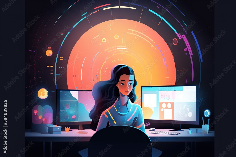 Poster a woman sitting at a computer desk in front of a monitor workshop graphic design data science