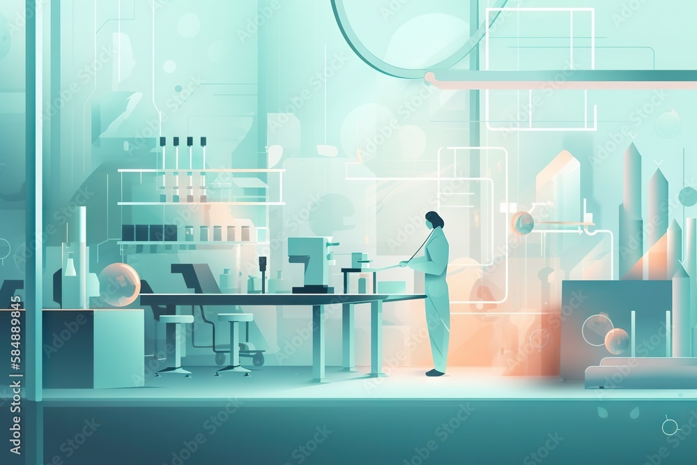 Poster a man standing in a room with a table and a clock factory animation manufacturing planning and contr