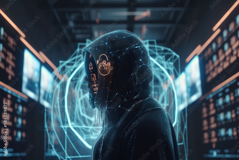 Poster a man in a futuristic suit with a futuristic helmet on his head arcade animation cybersecurity gener