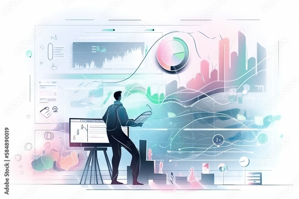 Poster a man is standing at a desk with a laptop and a monitor workshop graphic design supply chain optimiz