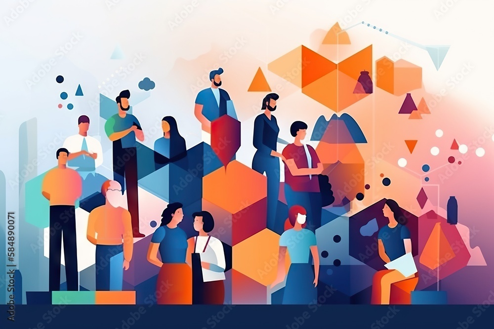 Aufkleber a group of people standing around each other in a colorful background workshop graphic design hr ana