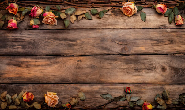 yellow and pink roses on old wood, flat lay with copy space created with Generative AI technology