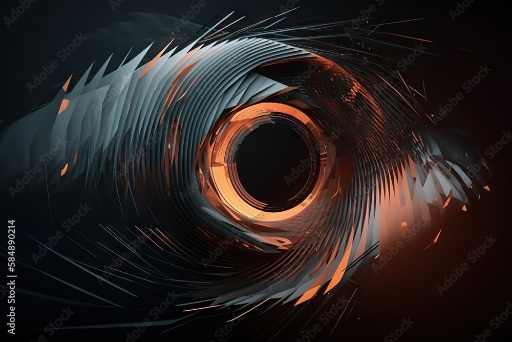 Poster a computer generated image of a circular object with a black background deep sea trench kinetic art 