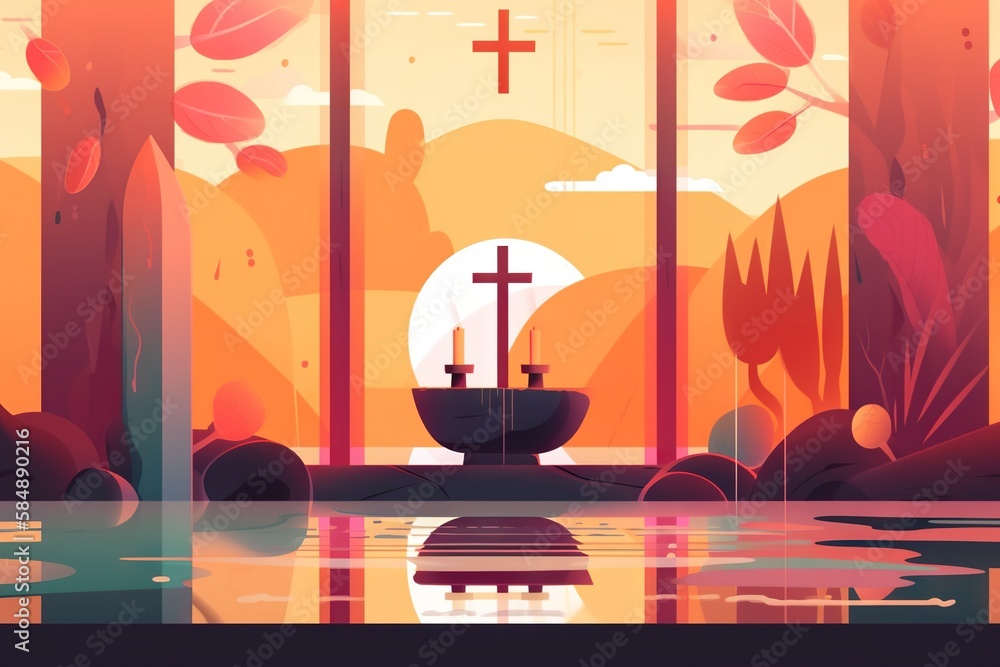 Poster a painting of a cross in the middle of a lake with trees bathroom environmental art set design gener