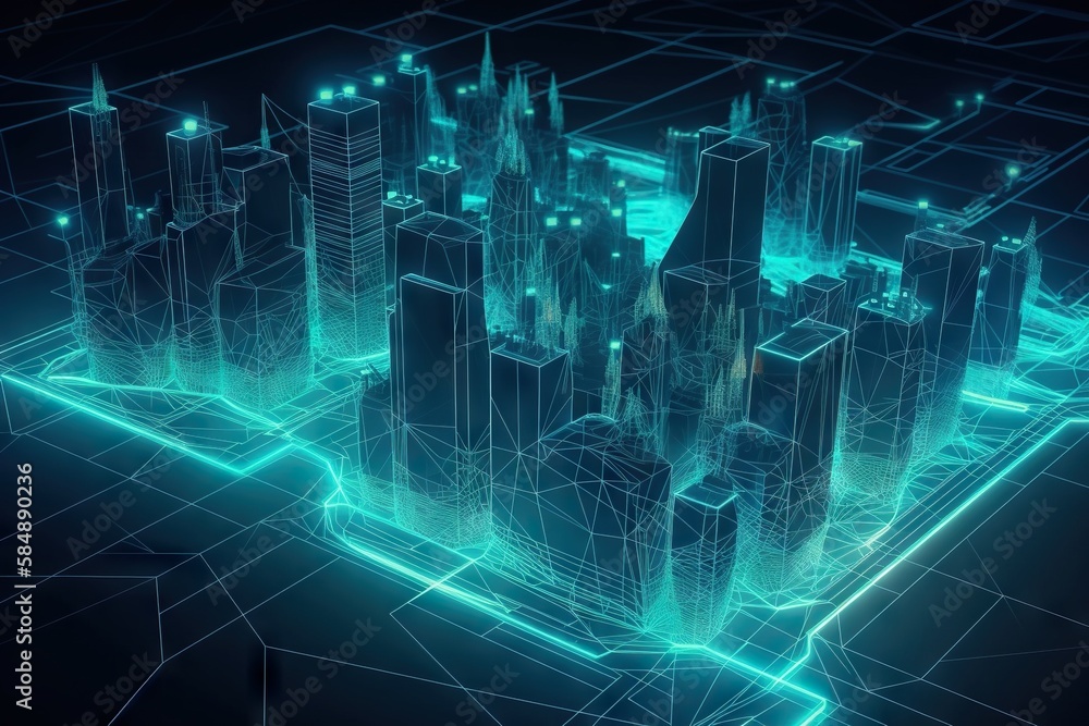 Poster a futuristic city with glowing lights and a grid of buildings on a dark background modern urban skyl