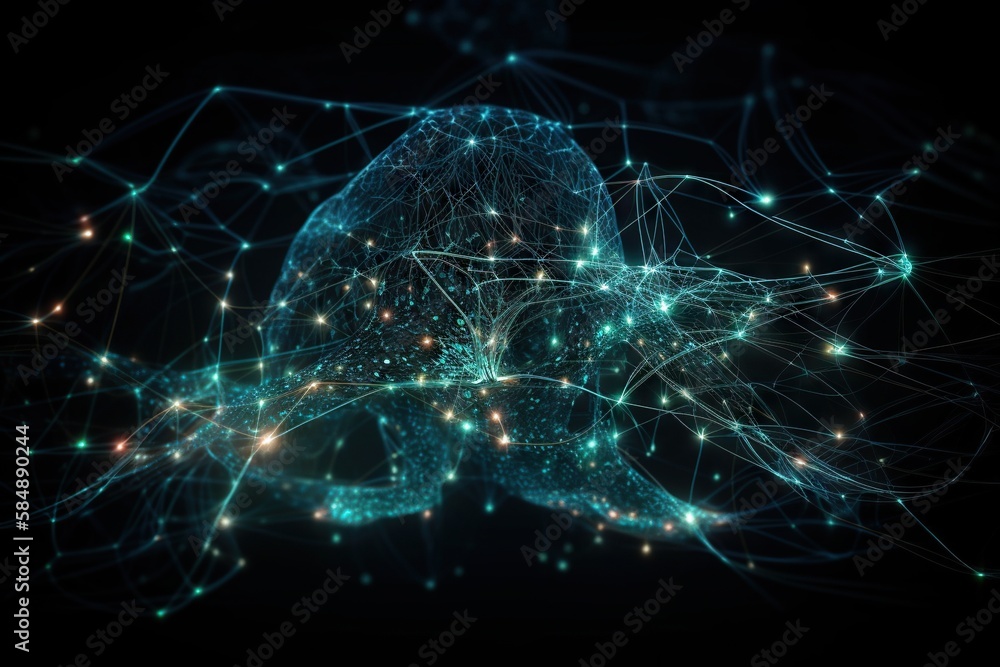 Poster a computer generated image of a skull and a network of lights deep sea trench animation natural lang