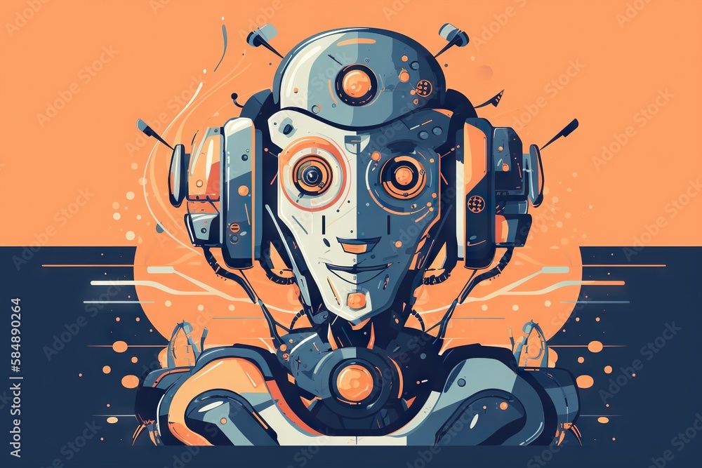 Poster a robot with headphones on and a body of water in the background workshop graphic design robotics en