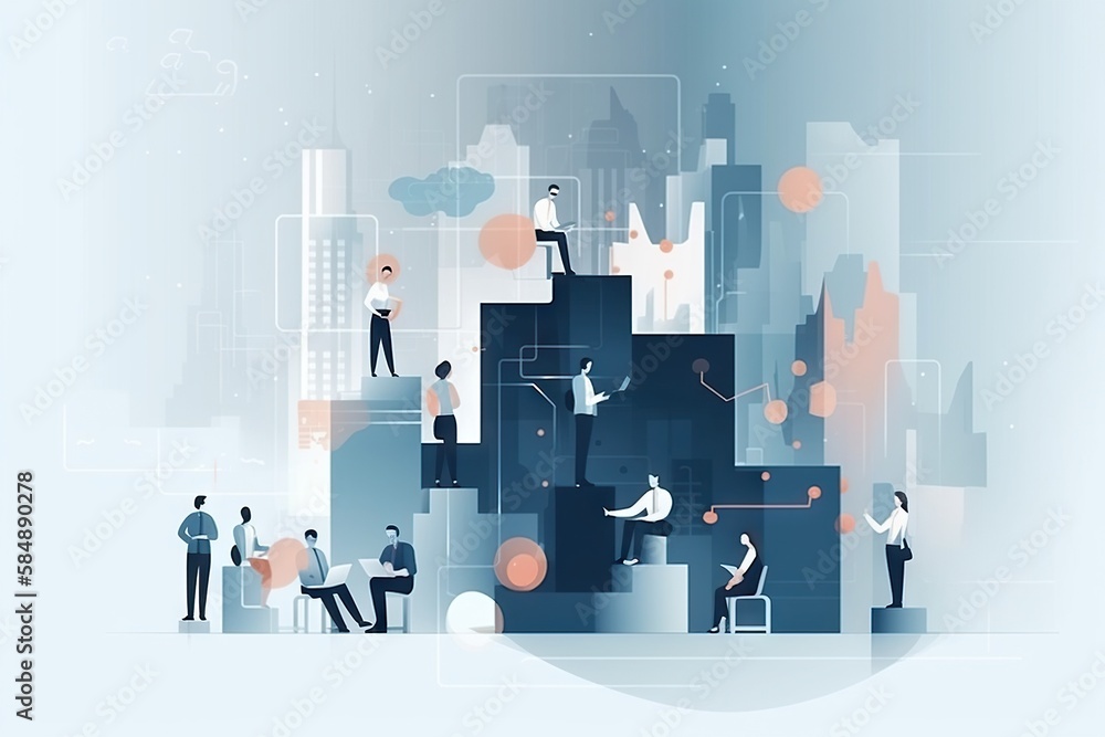 Poster a group of people standing around a building with a city in the background workshop graphic design h