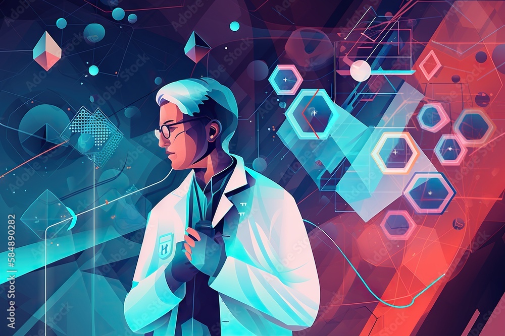 Poster a man in a lab coat and glasses standing in front of a digital background factory graphic design dat