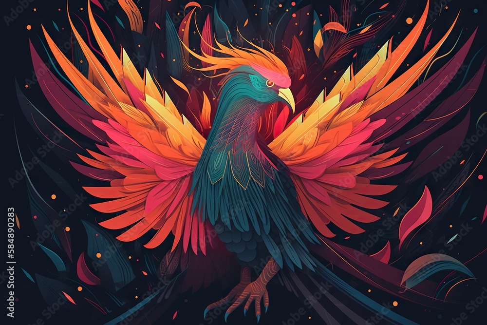 Poster a colorful bird with a long tail and wings spread out with a dark background zoo renaissance print d