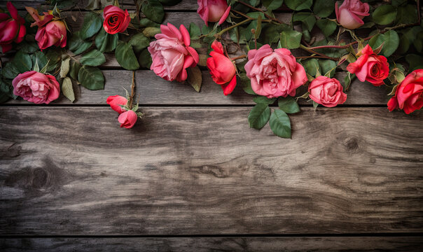 pink and red roses on old wood, flat lay with copy space created with Generative AI technology
