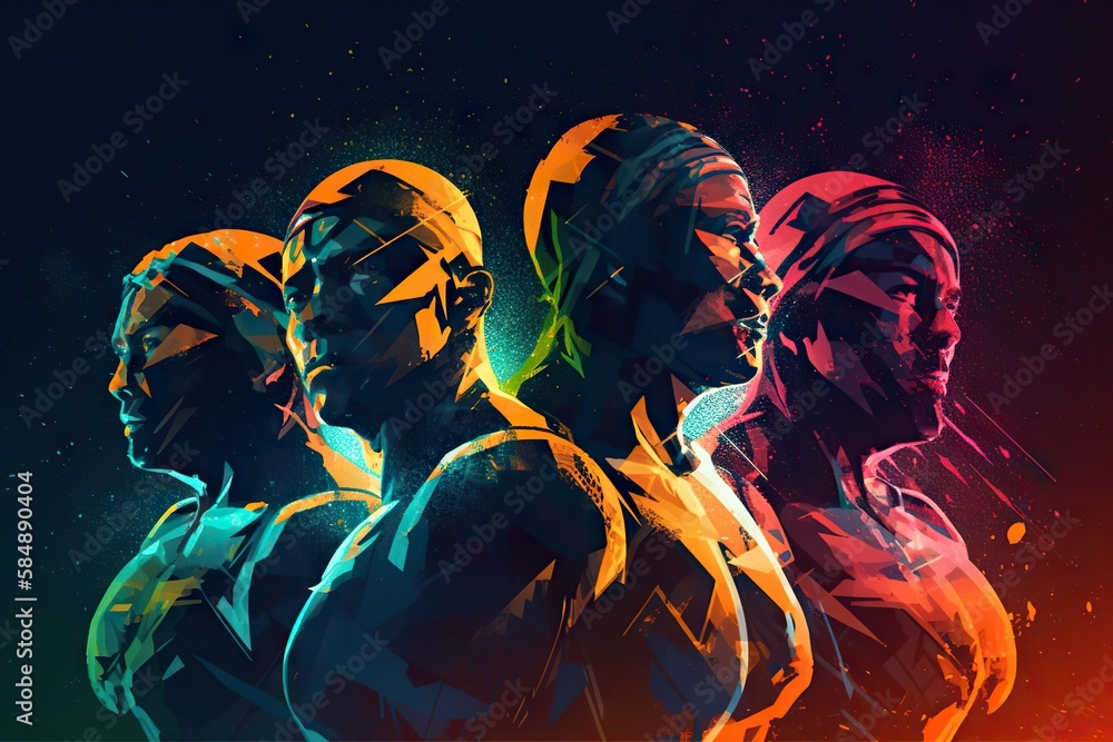 Poster a group of people standing next to each other in front of a colorful background boxing gym graphic d
