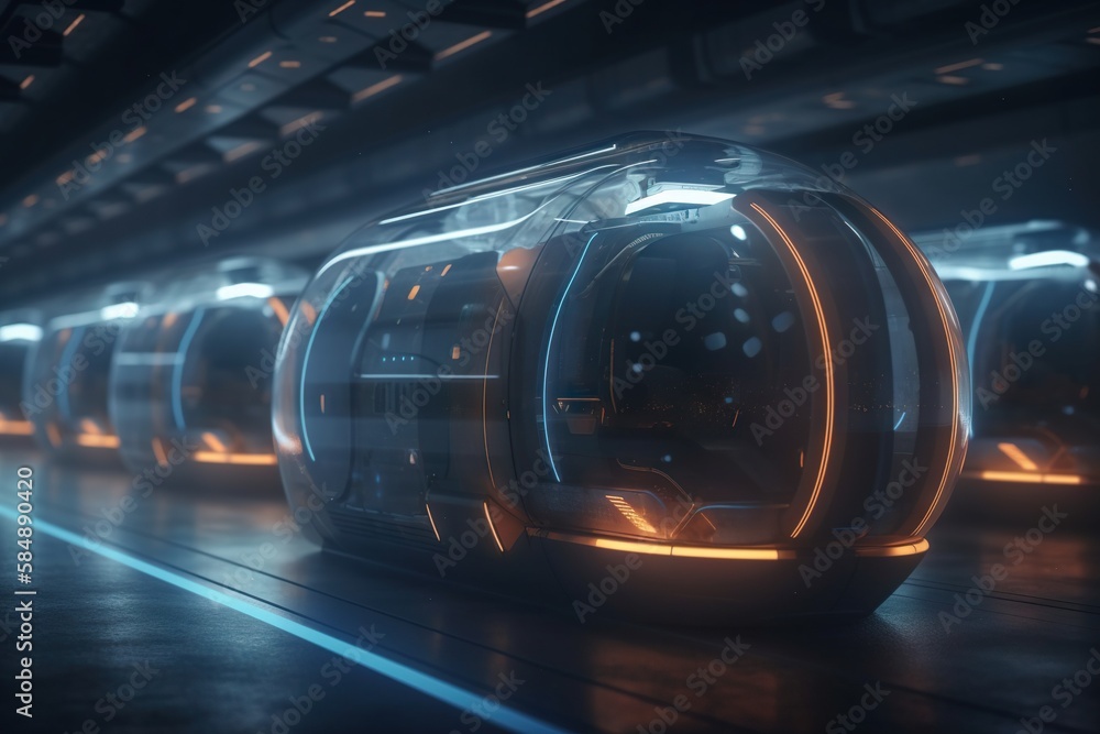 Poster a futuristic train is moving through a tunnel with lights on it subway station animation public tran