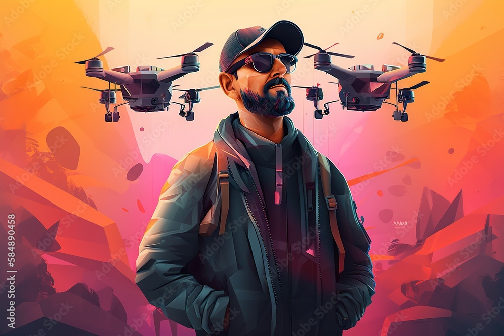 Poster a man with a beard and a hat standing in front of a painting of a man with two flying objects milita