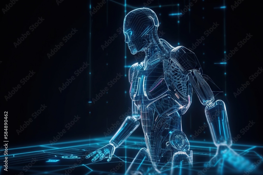 Poster a futuristic man walking in a blue light with lines and dots workshop animation robotics engineering